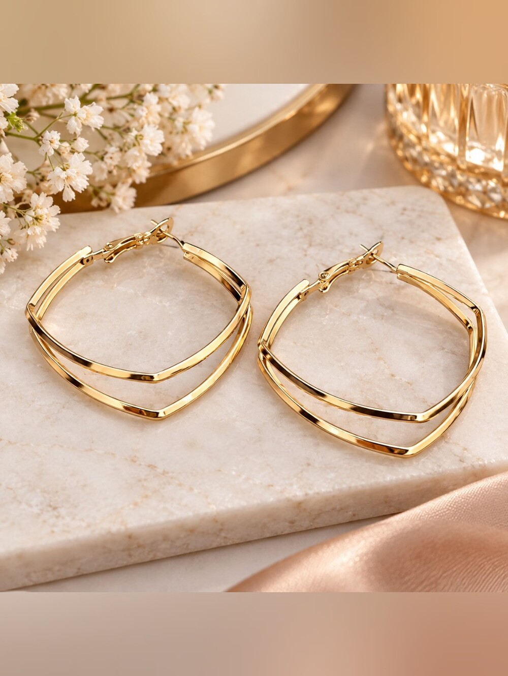 Gold Twisted Square Hoop Earrings for Women 925 Sterling Silver Post